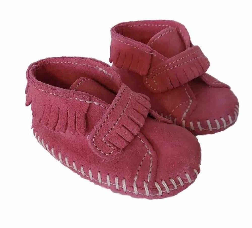 Minnetonka pink suede infant toddler baby moccasins shoes size 1